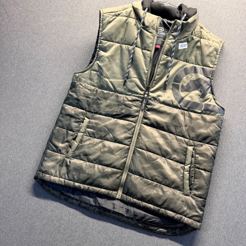 Ecko Unltd Mens Puffer Vest Olive Green Camo Hooded Rhino Logo Size Large